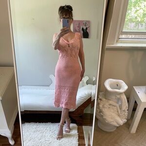 PINK SLEEVELESS CROCHET LONG DRESS KNOTTED BUST PEEK A BOO SCALLOPED STRAPS